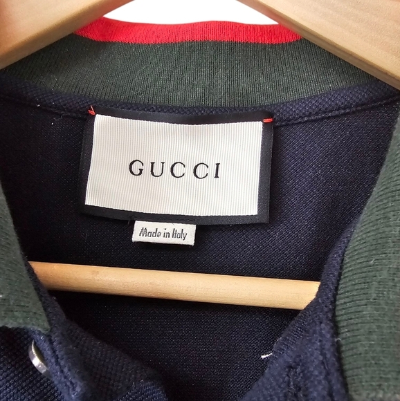 Gucci Dark Blue Polo Embroidered Shirt, Short Sleeves Red Green Striped Collar.L - Picture 6 of 11